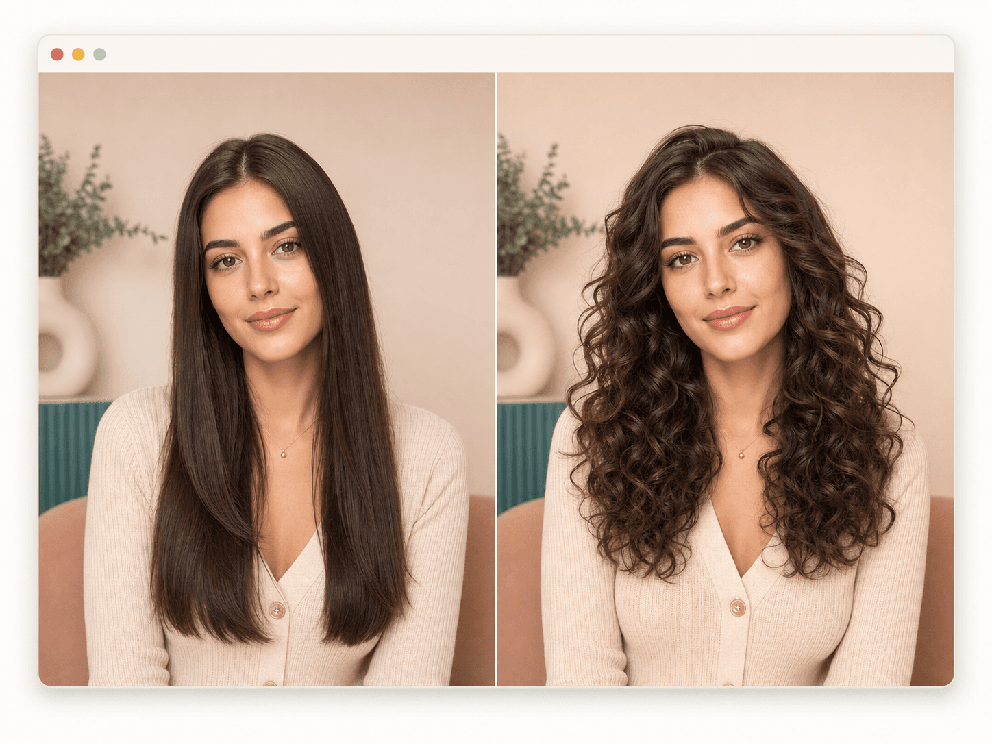 Same portrait with straight hair before and curly hair after