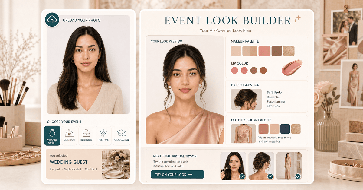 Event Look Builder preview with wedding guest, date night, interview, festival, and graduation style cards