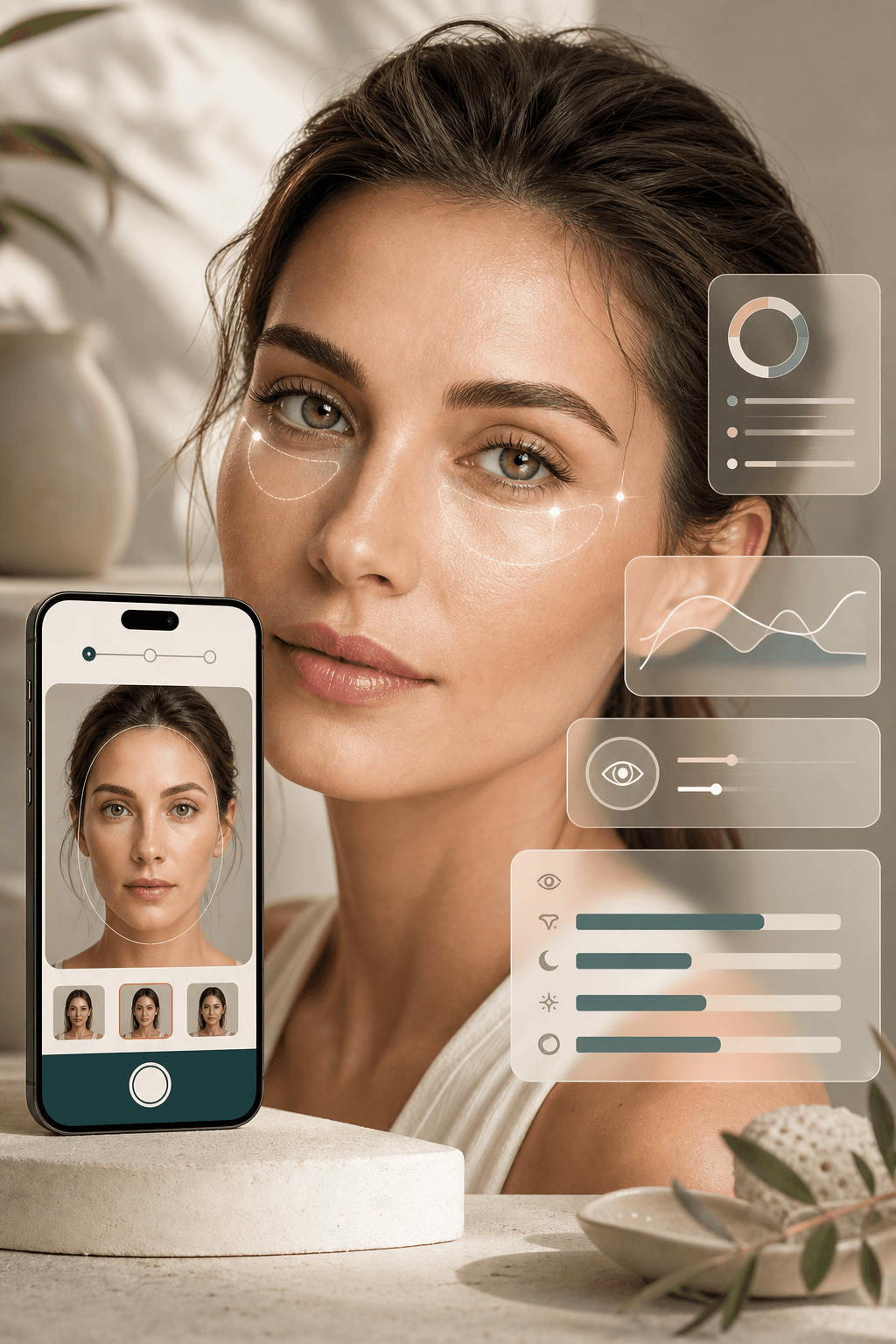 Under eye test workflow showing upload, eye area focus, and beauty result cards