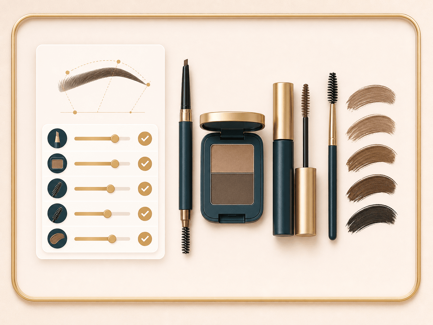 Feature image showing brow pencils, powders, gel, and shade cues