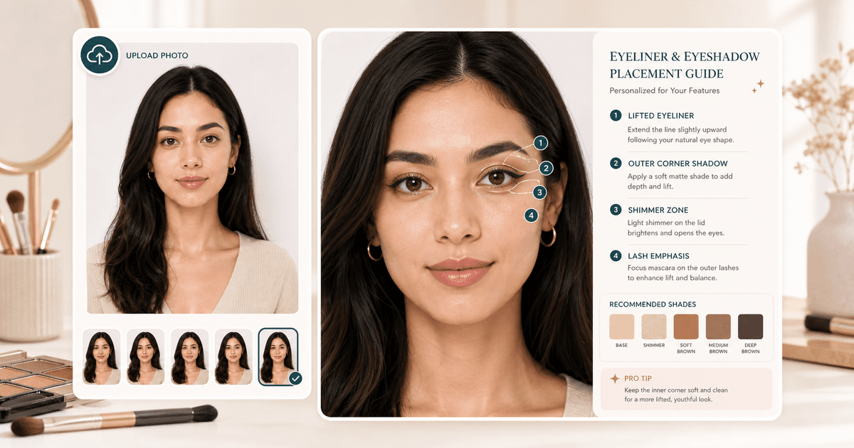 Eyeliner and eyeshadow placement guide preview with liner lift and shadow zones