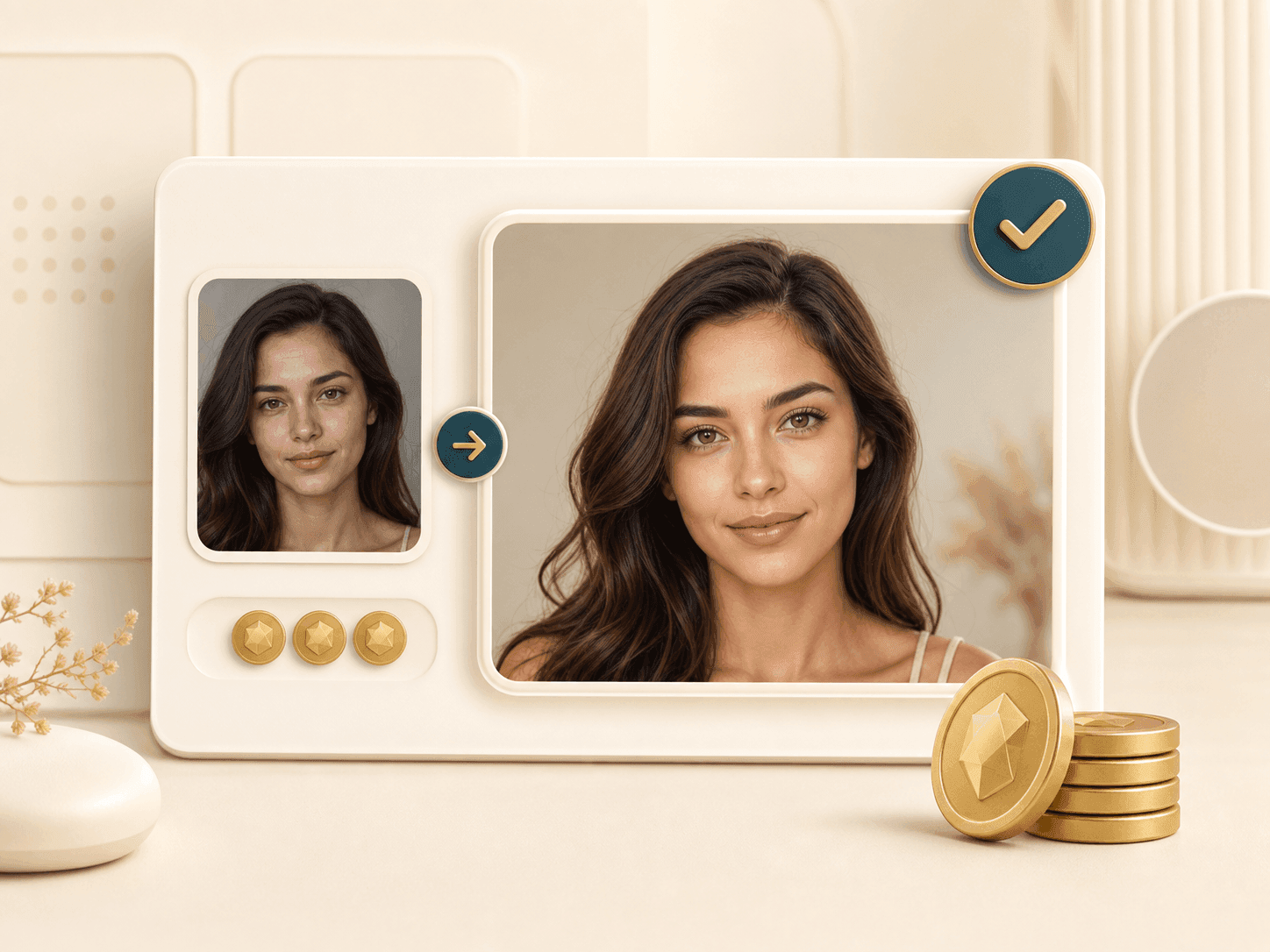 Face enhancer feature image showing credits and a completed portrait result
