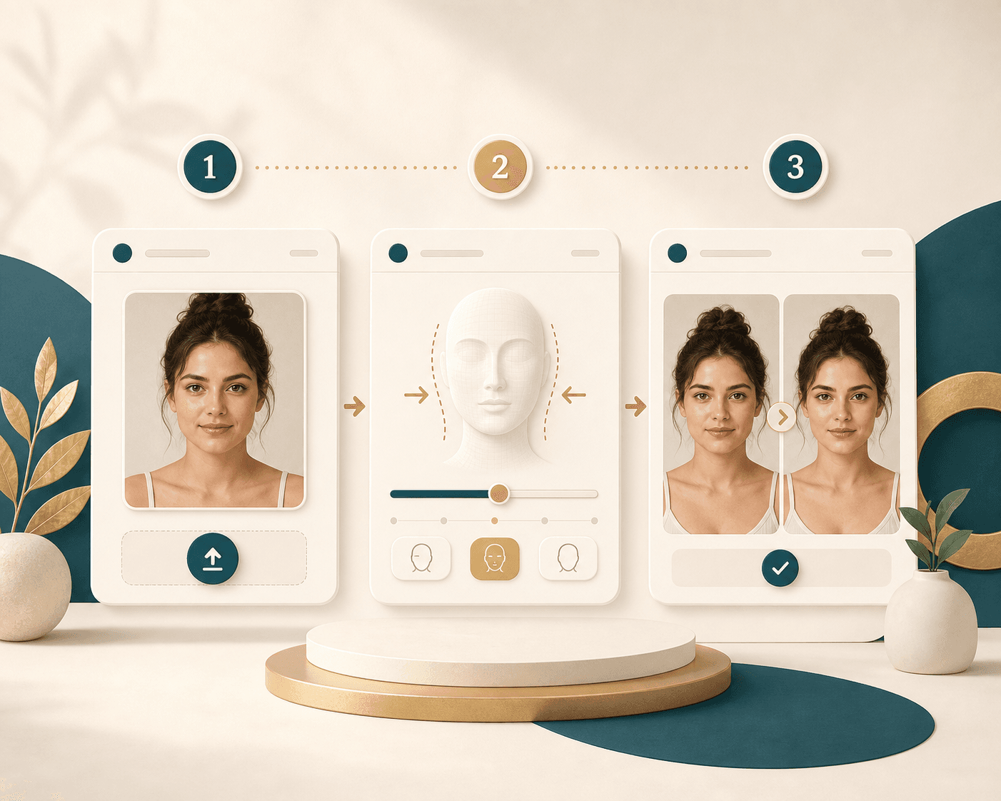 Face Slimmer workflow showing upload, strength slider, and before and after review