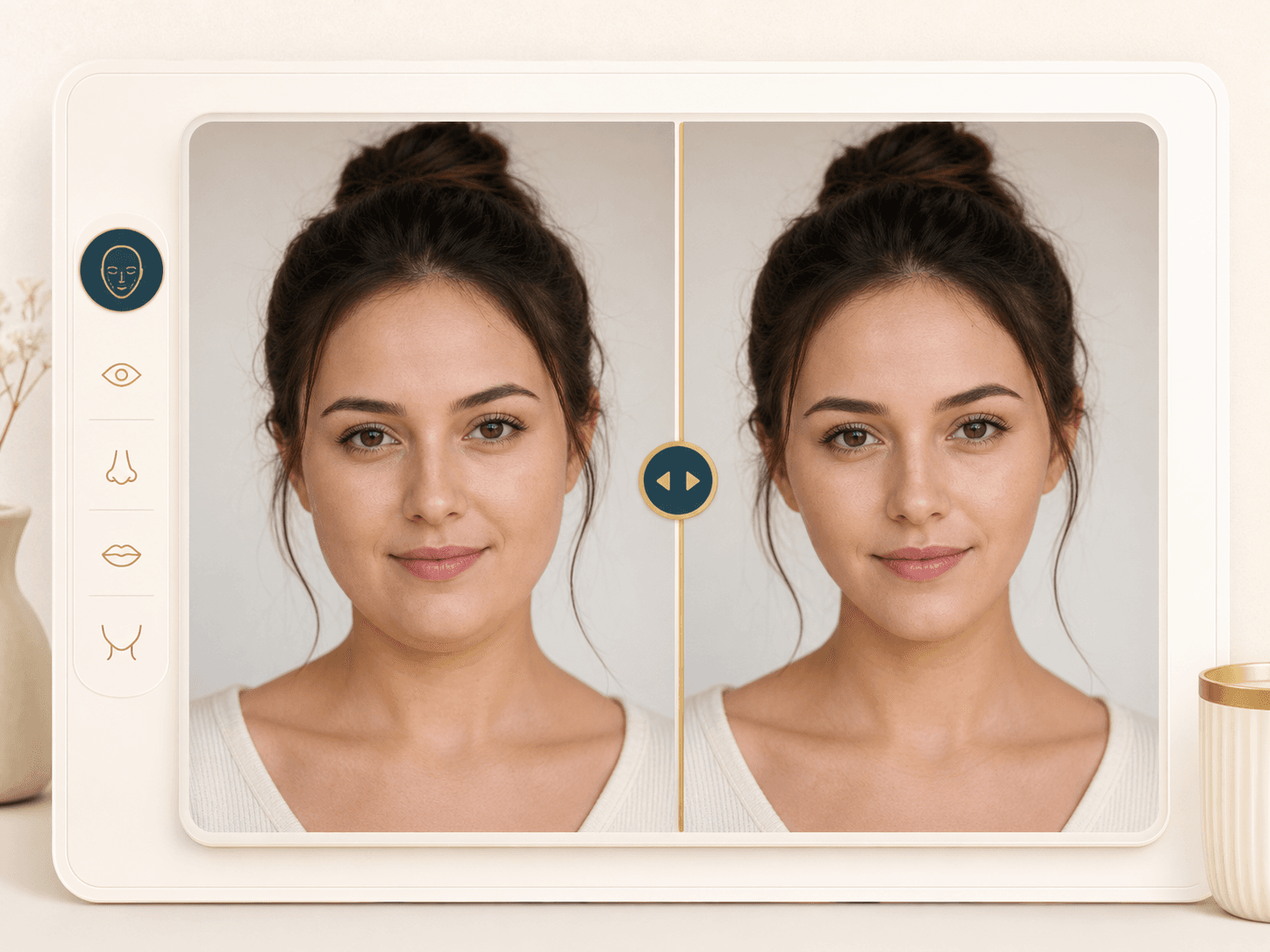 Illustration of an online face slimmer before and after comparison slider
