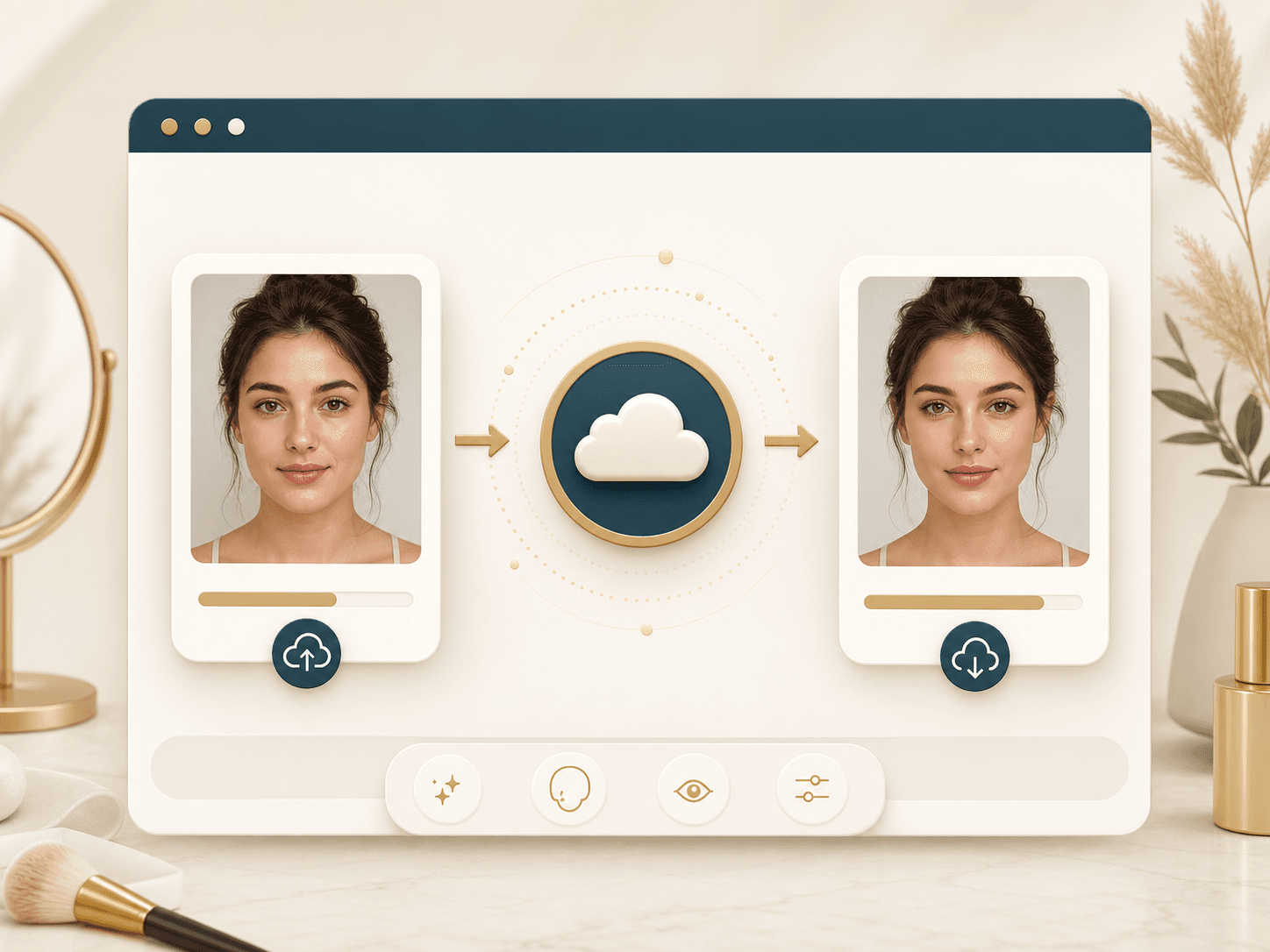 Illustration of a portrait upload moving through cloud processing to a result card
