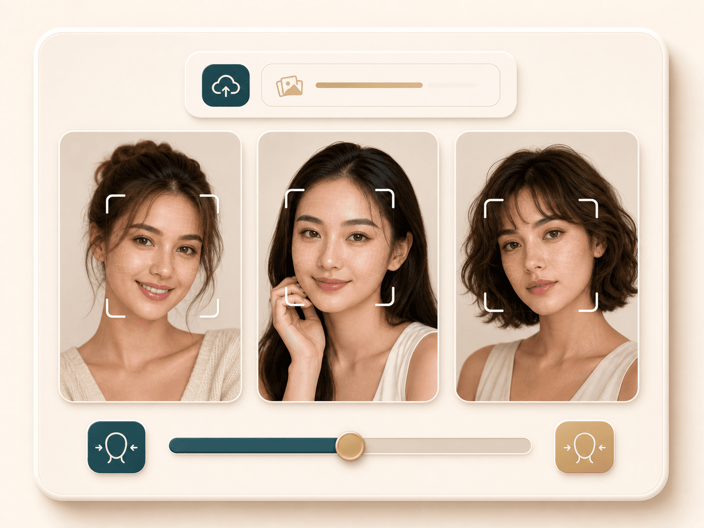 Illustration of three portrait cards with face detection frames for face slimming