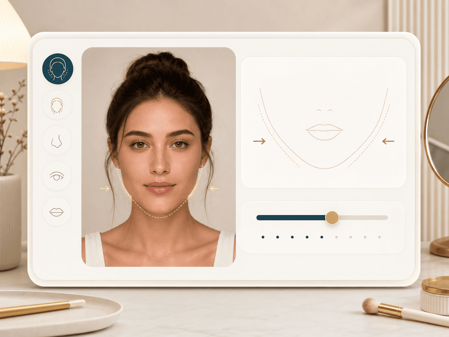 Illustration of a face slimmer tool with a slim degree slider and contour guide lines