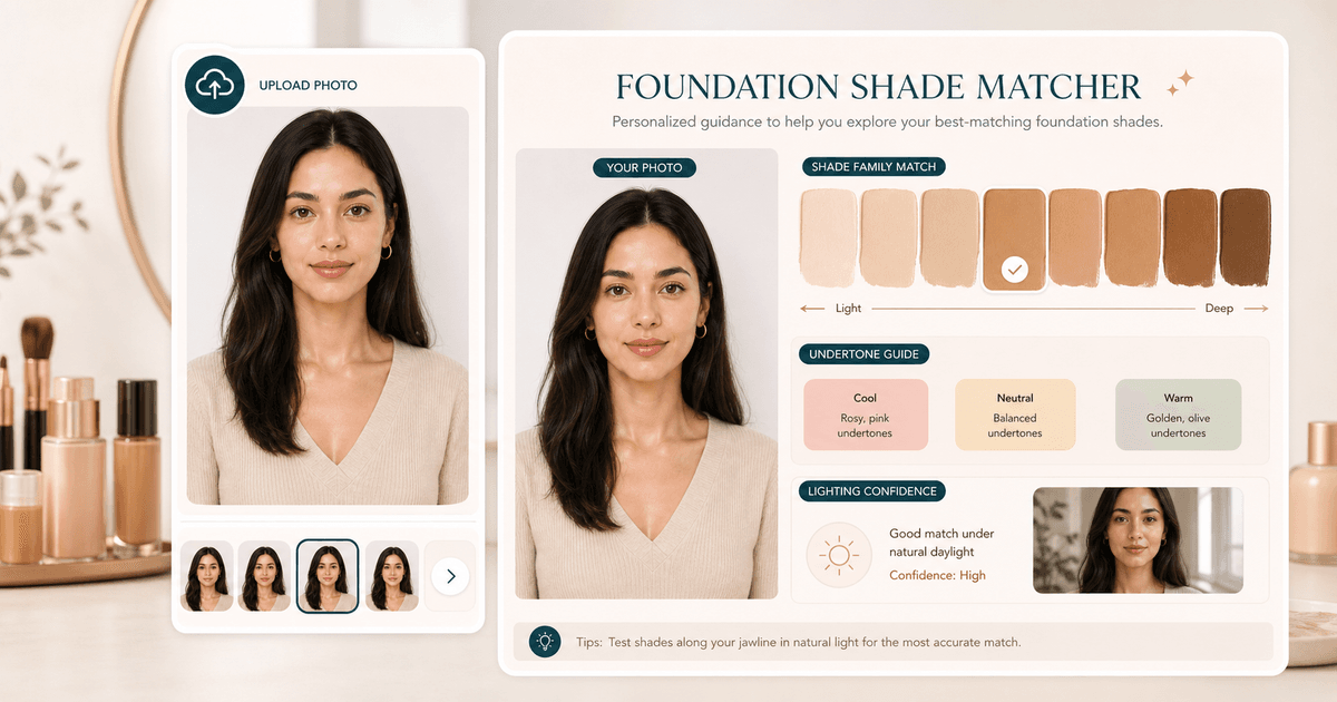 Foundation Shade Matcher preview with depth scale, undertone swatches, and lighting notes