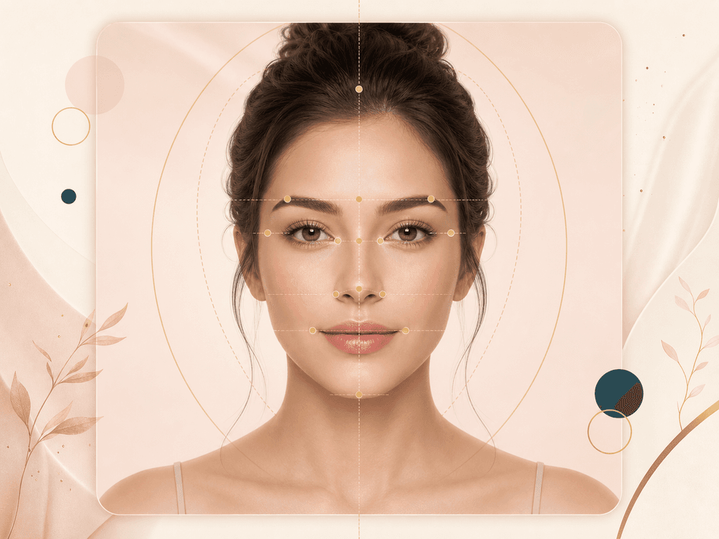 Face proportion illustration showing golden ratio alignment around a portrait