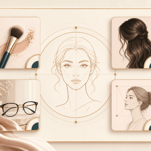 Icon of gentle beauty styling notes beside a face proportion guide