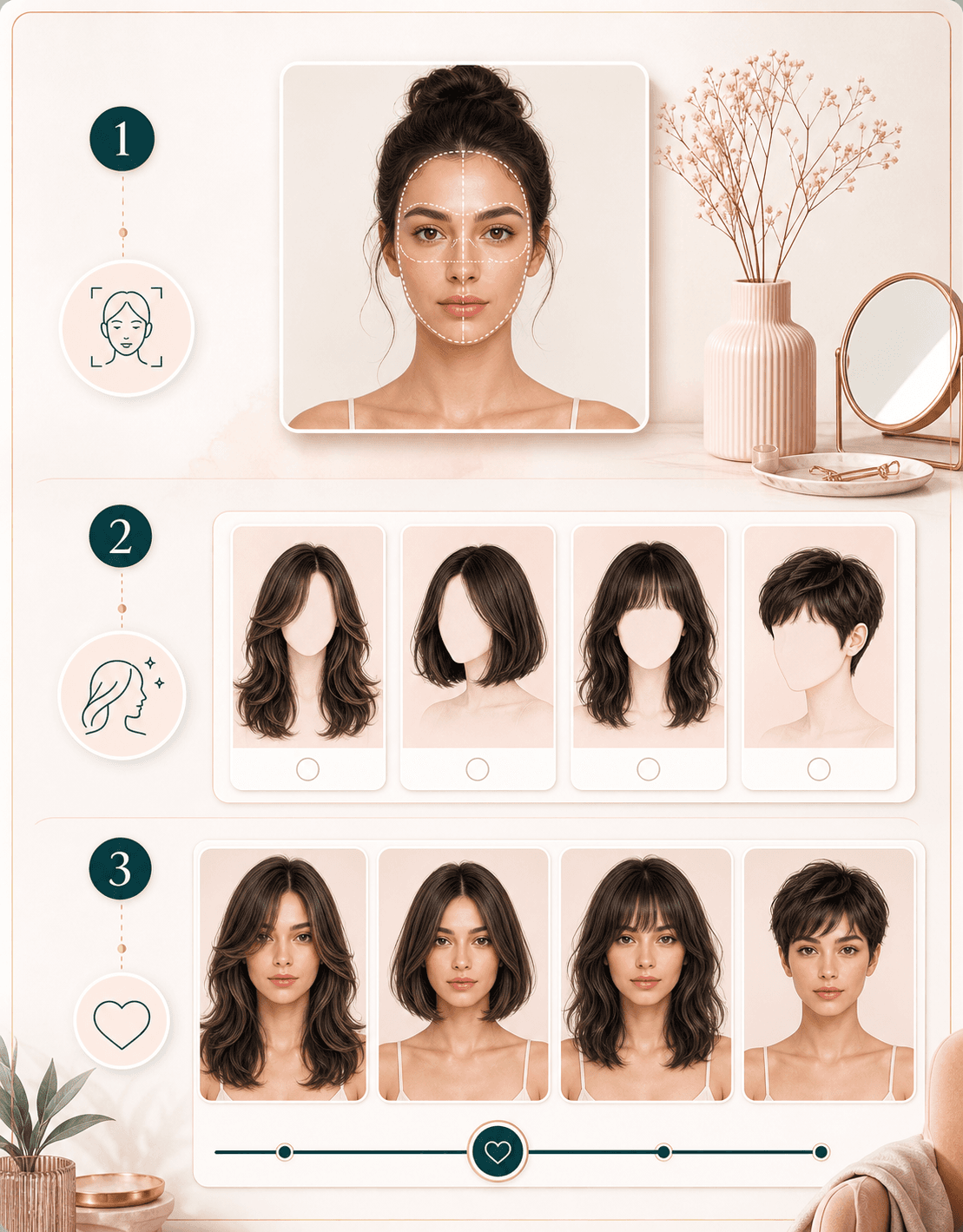 Hairstyle recommender workflow showing upload, style options, and result review