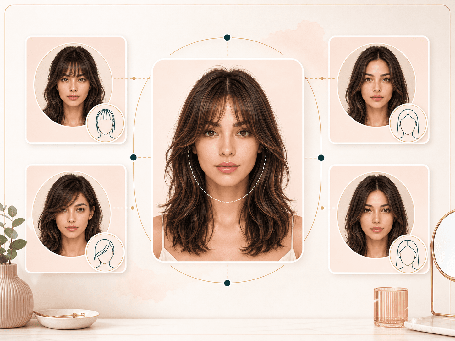 Feature image showing bangs and parting options around a portrait card