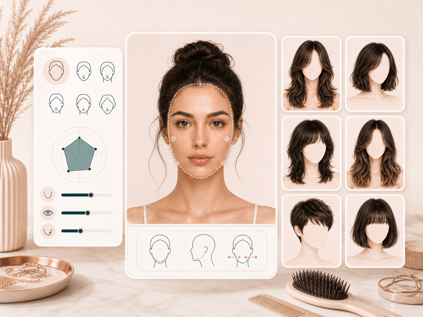Hairstyle recommender feature image showing face shape context and haircut cards