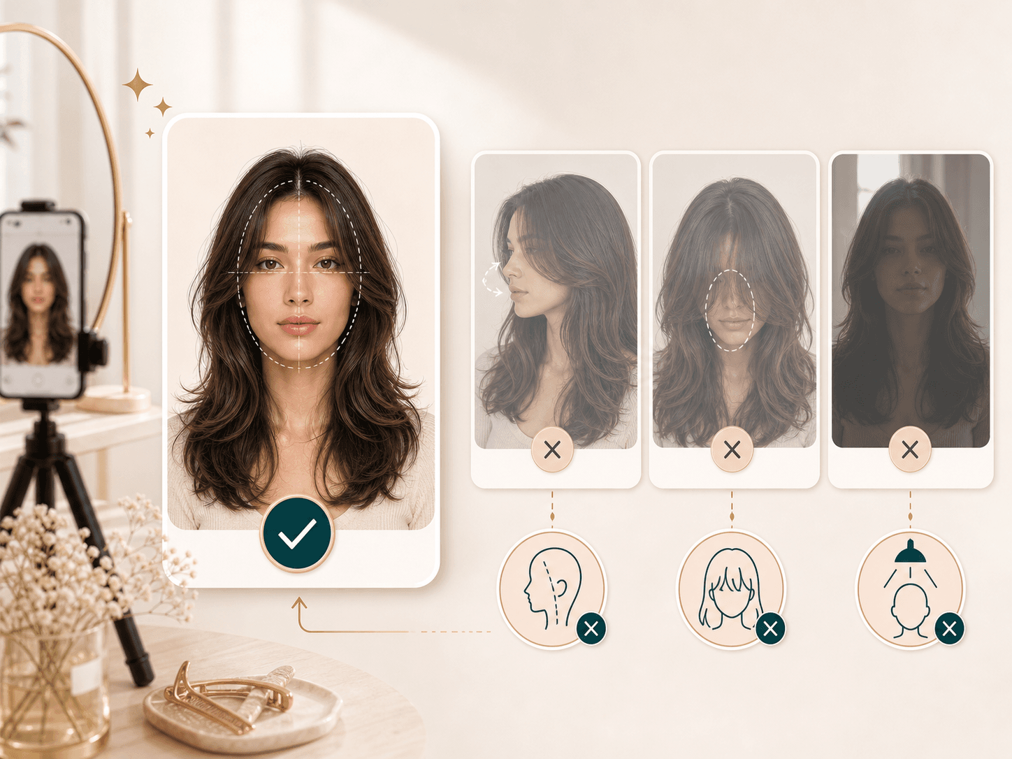 Feature image showing a clear portrait and examples with angle, hair, and lighting issues