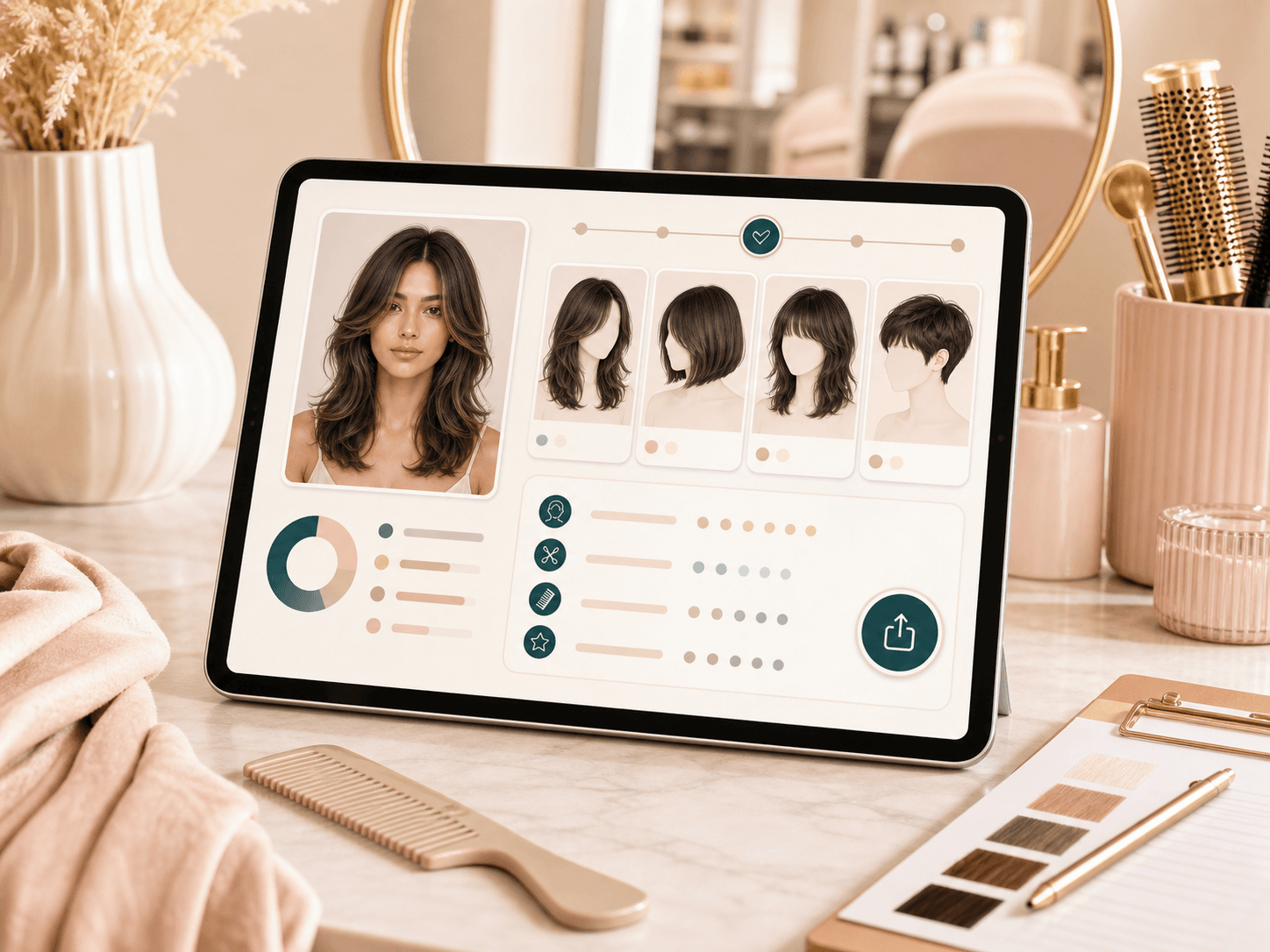 Feature image showing a salon tablet with a hairstyle recommendation summary