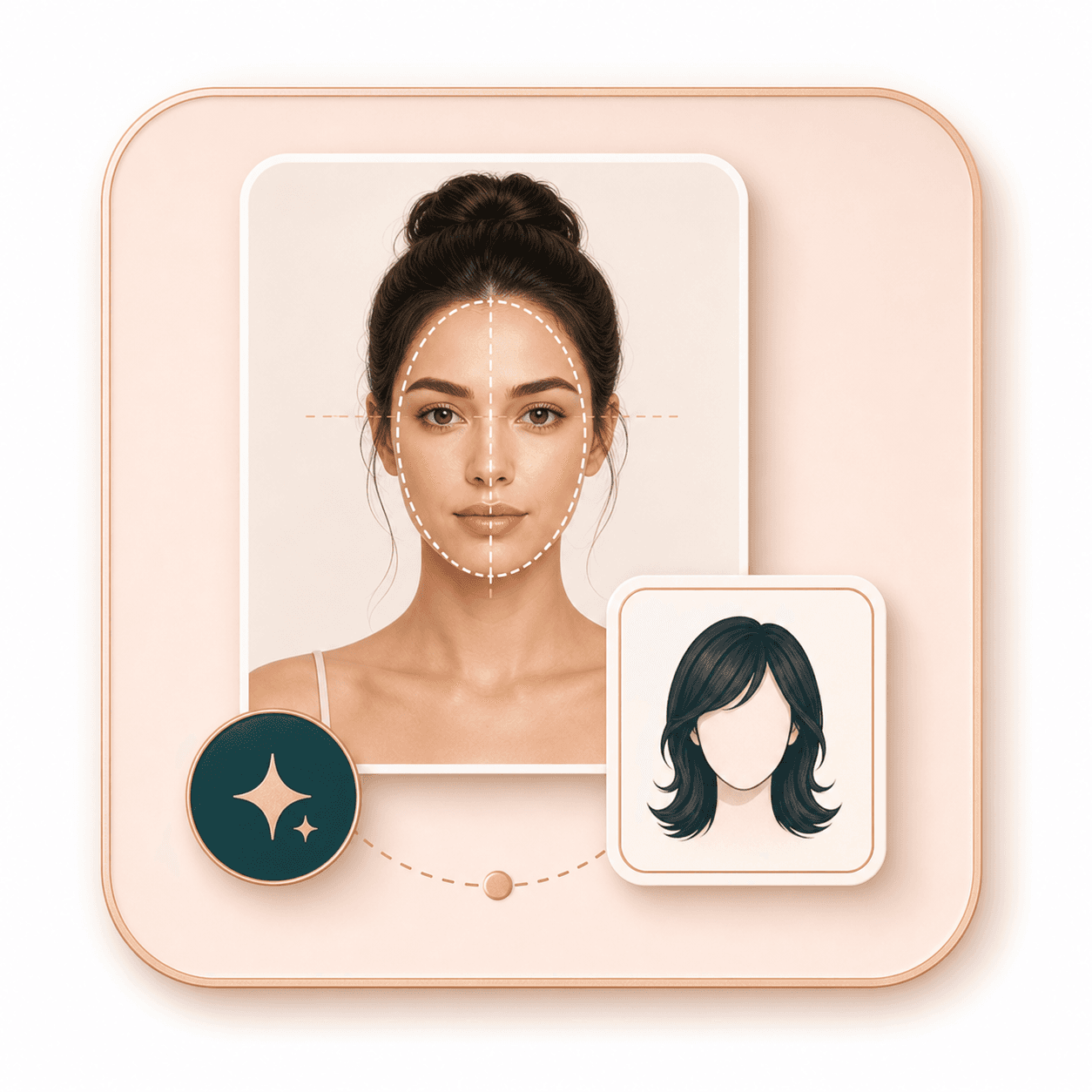 Icon showing a portrait card with face shape guides and a hairstyle suggestion
