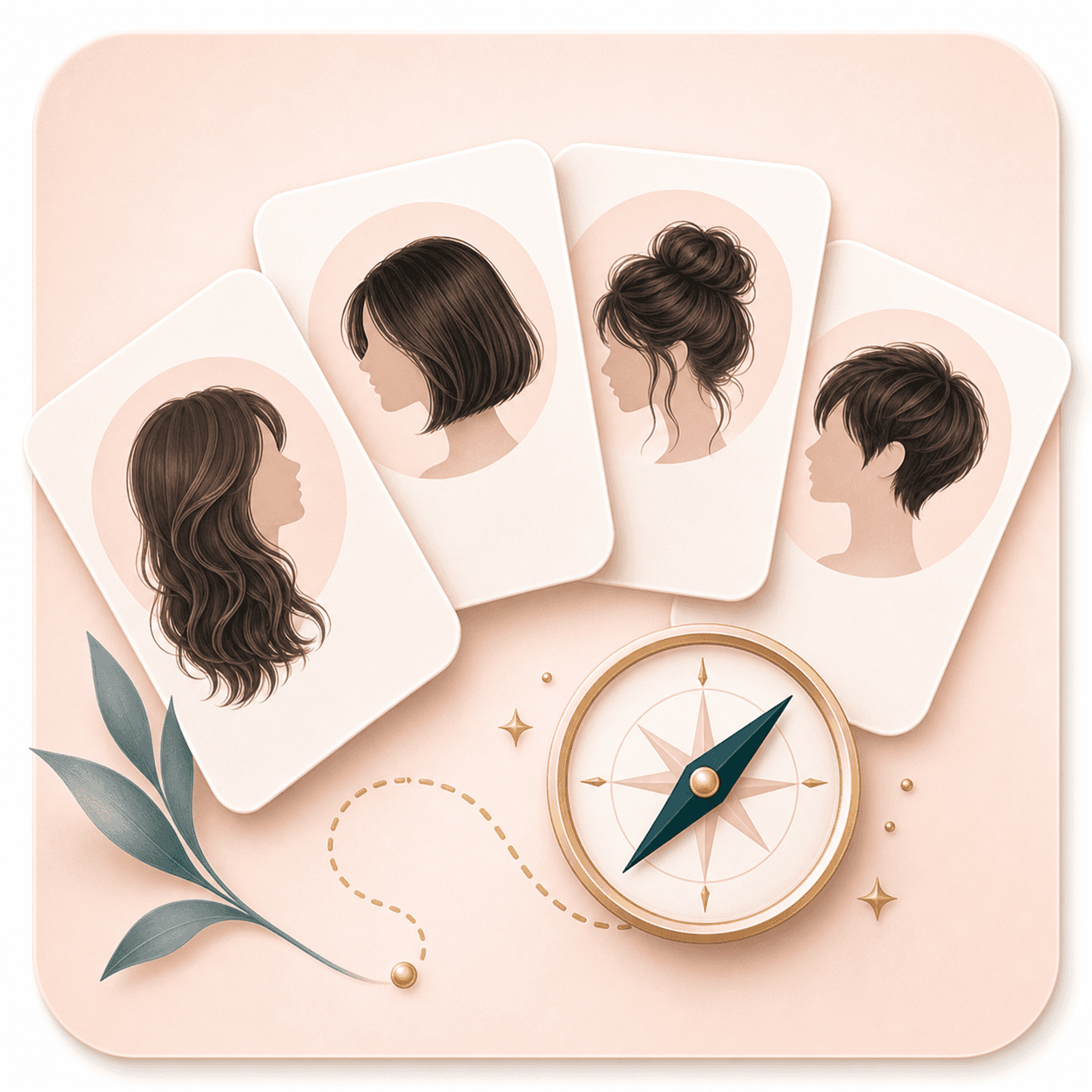 Icon showing several hairstyle direction cards around a compass