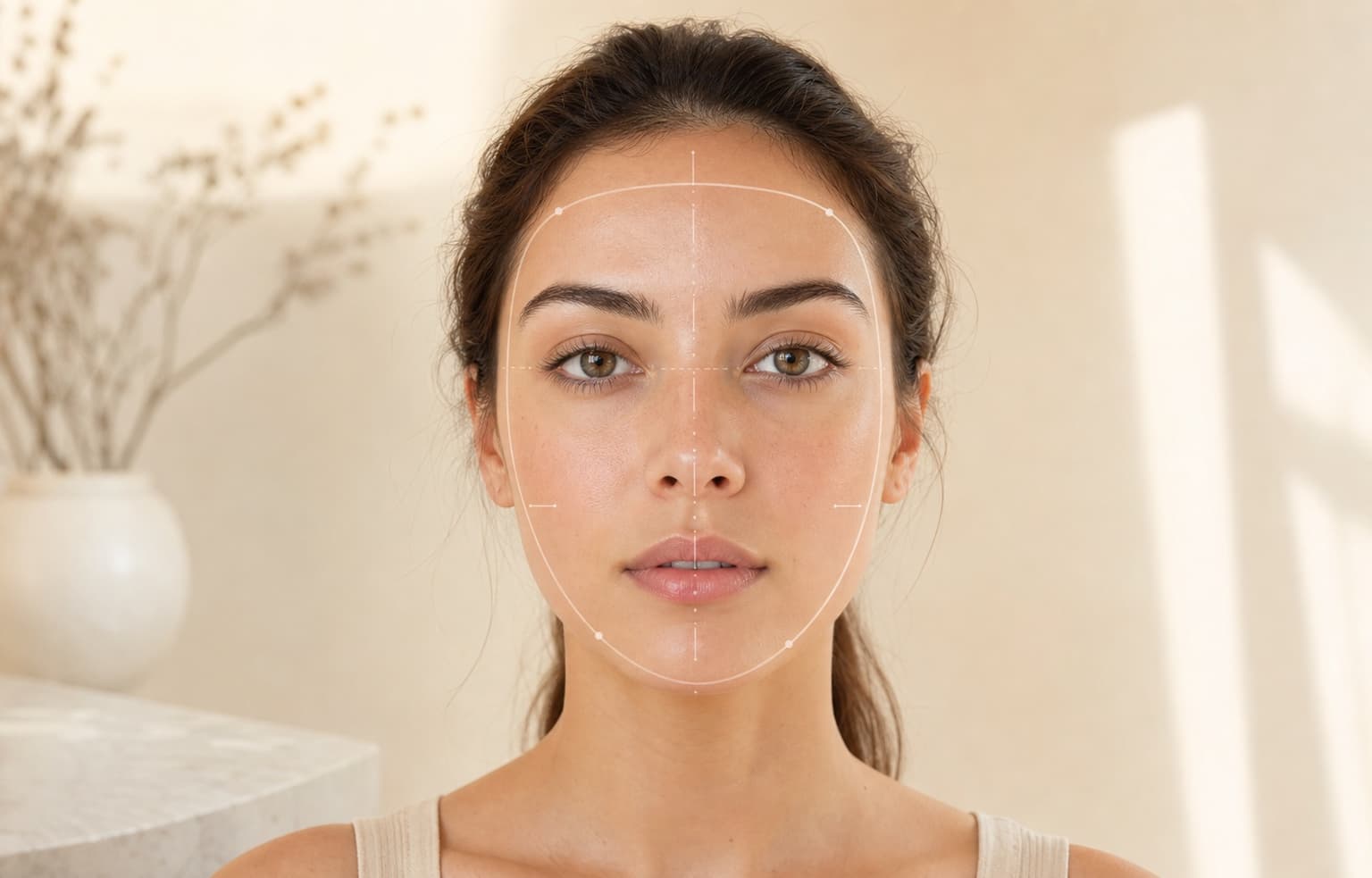 Beauty portrait with subtle face shape analysis guides