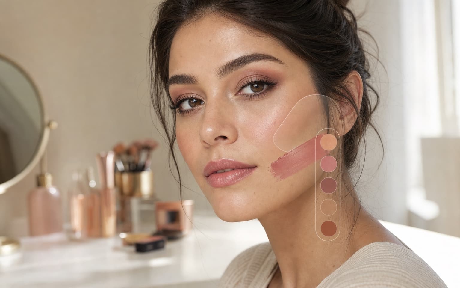 Makeup try-on portrait with soft color swatches
