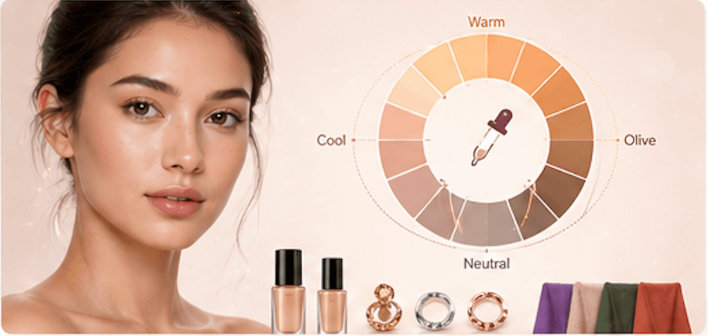 Real portrait with jewelry styling recommendations for earrings, metals, and necklace length