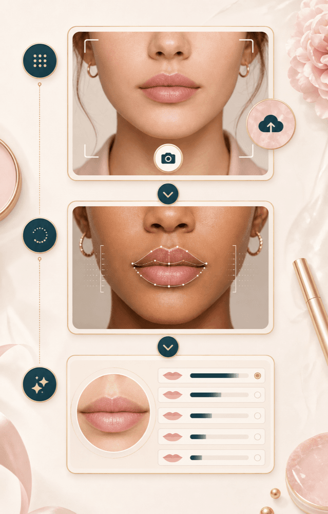 Lip shape detector workflow showing upload, analysis, and result steps