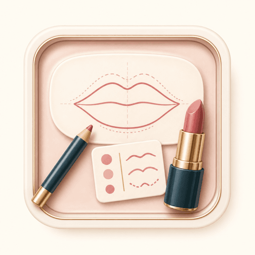 Icon showing lip liner, lipstick, and a lip shape guide card