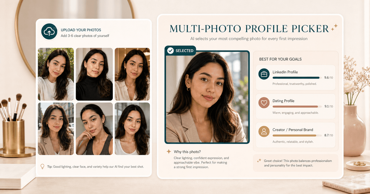 Multi-Photo Profile Picker preview with six photo cards and one selected best profile photo