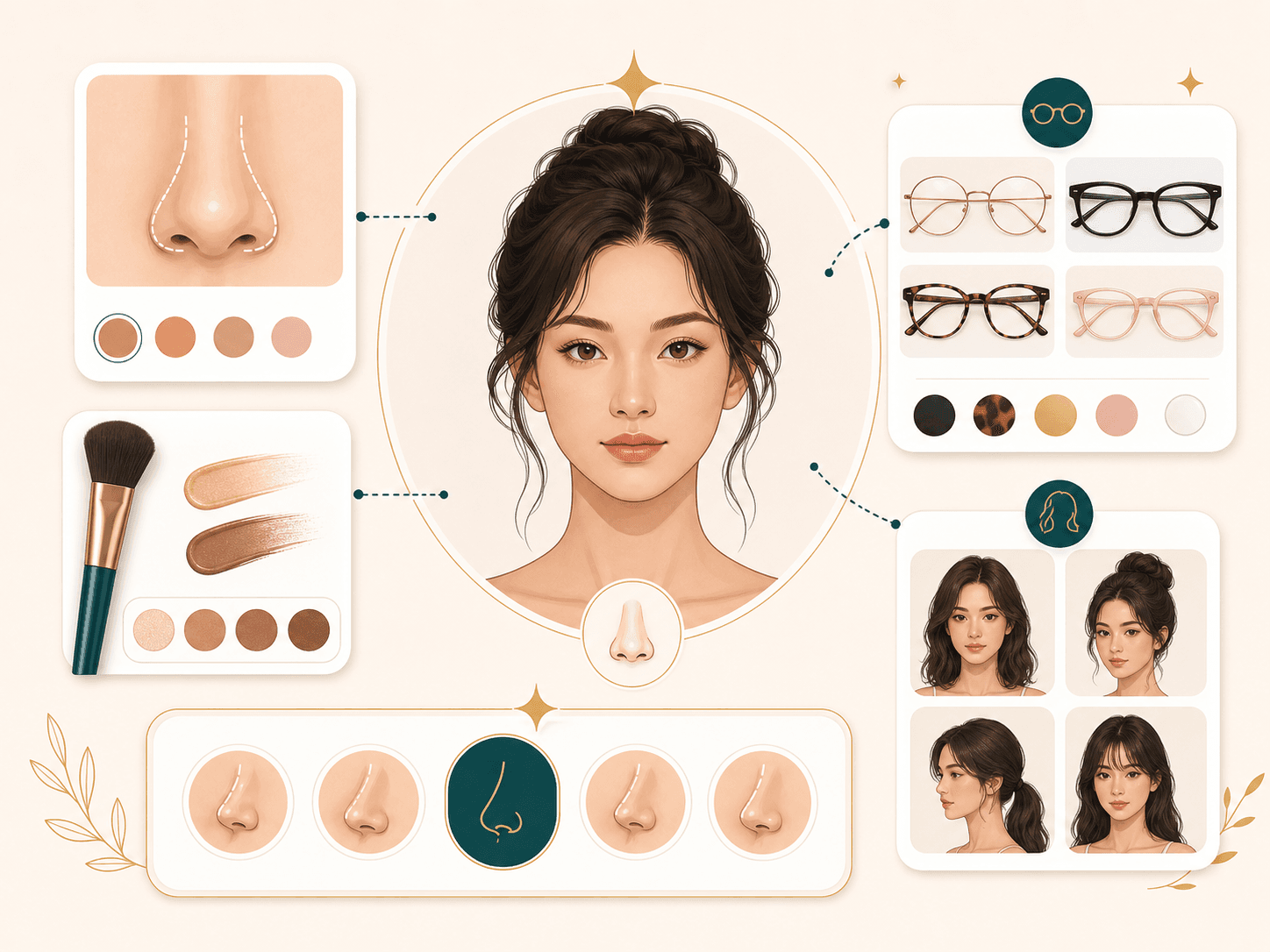 Feature image showing contour, glasses, and styling cards for nose type guidance