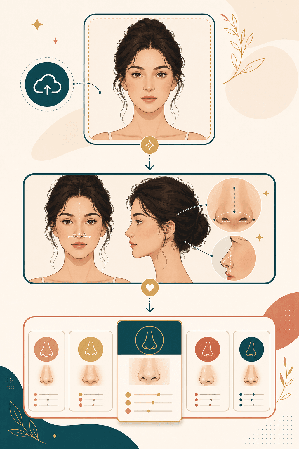 Nose type detector workflow showing upload, nose analysis, and result cards