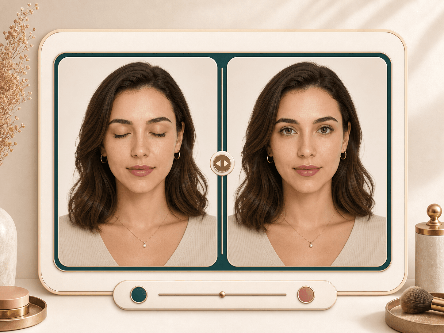 Before and after review interface for an open eyes photo result