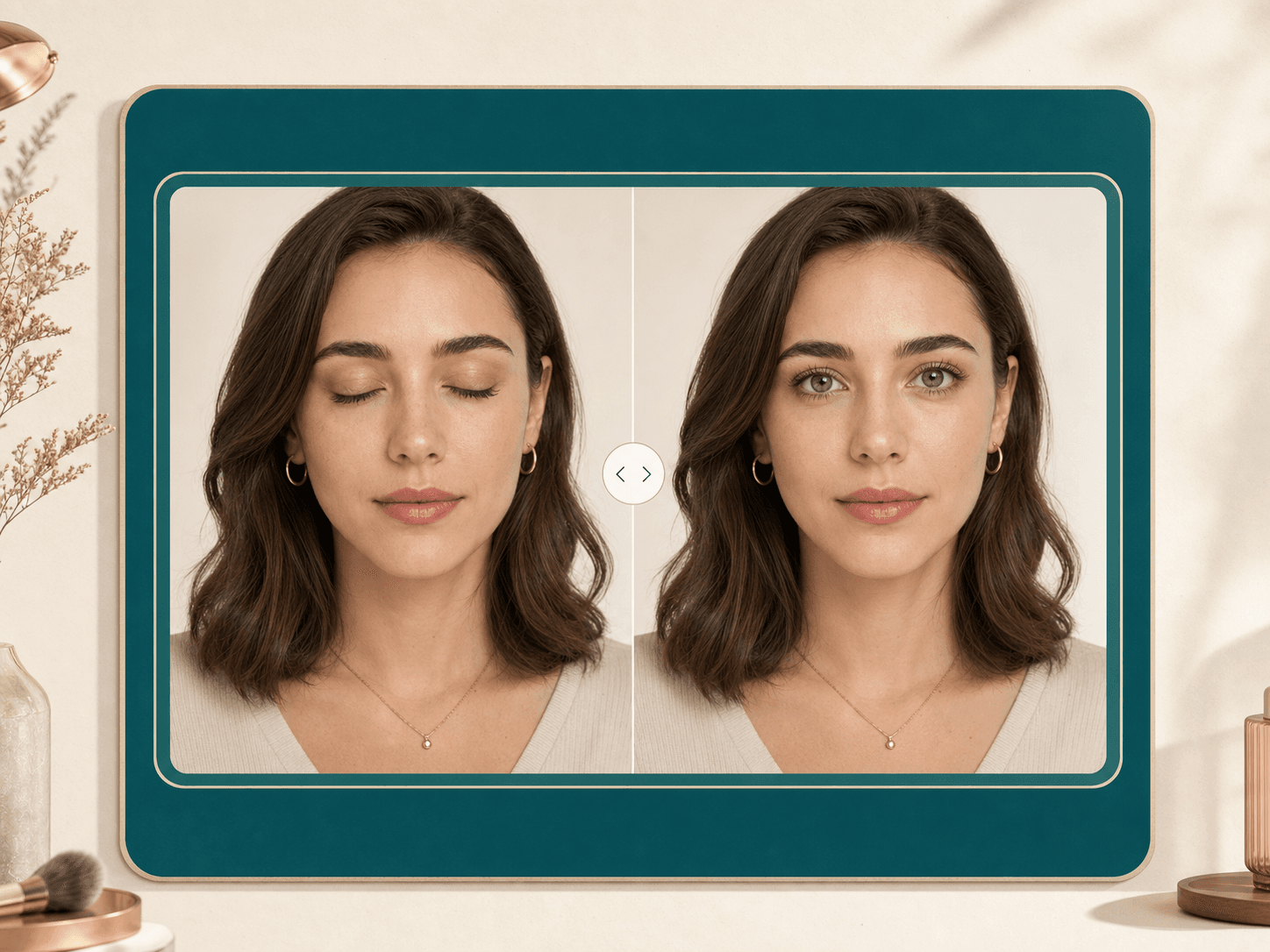 Before and after portrait showing a blinked photo changed to natural open eyes