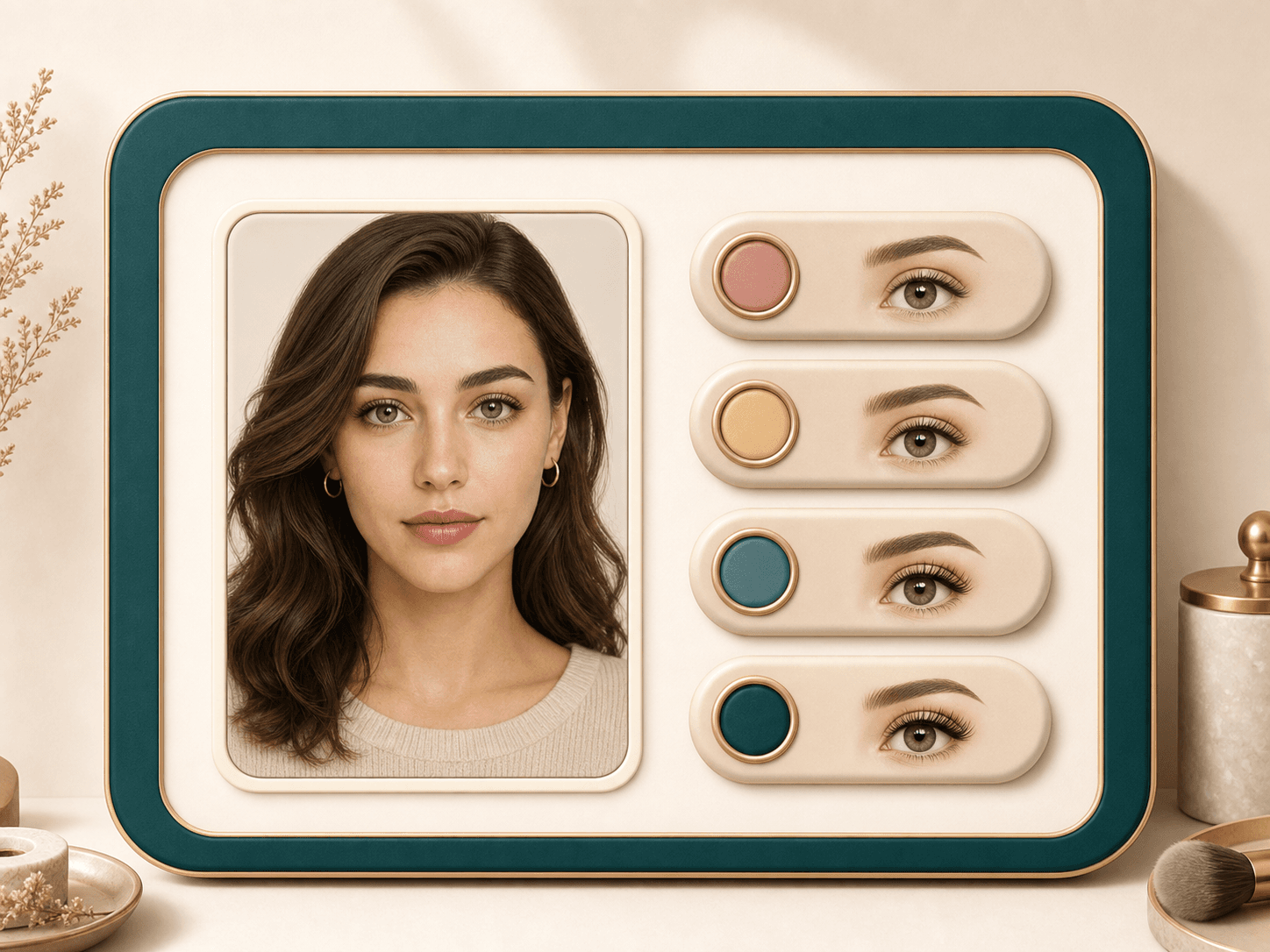 Interface preview showing eye correction style choices for a portrait