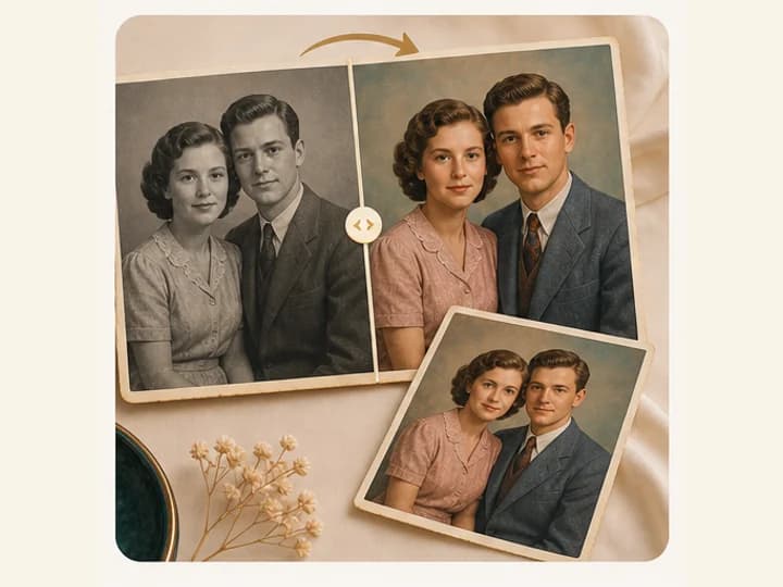 Before and after family photo colorization with a finished print