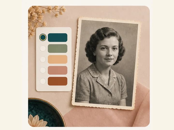 Color direction swatches beside a black and white vintage portrait