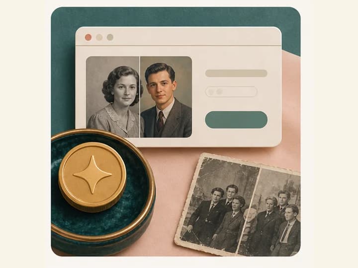 Credit token beside a browser style result card and old photos