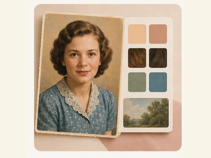 Colorized keepsake portrait with skin, hair, fabric, and background color swatches