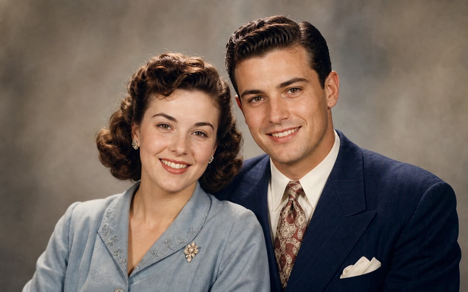 Photo Colorizer demo comparison with a centered black and white vintage couple portrait gaining clear natural color - After