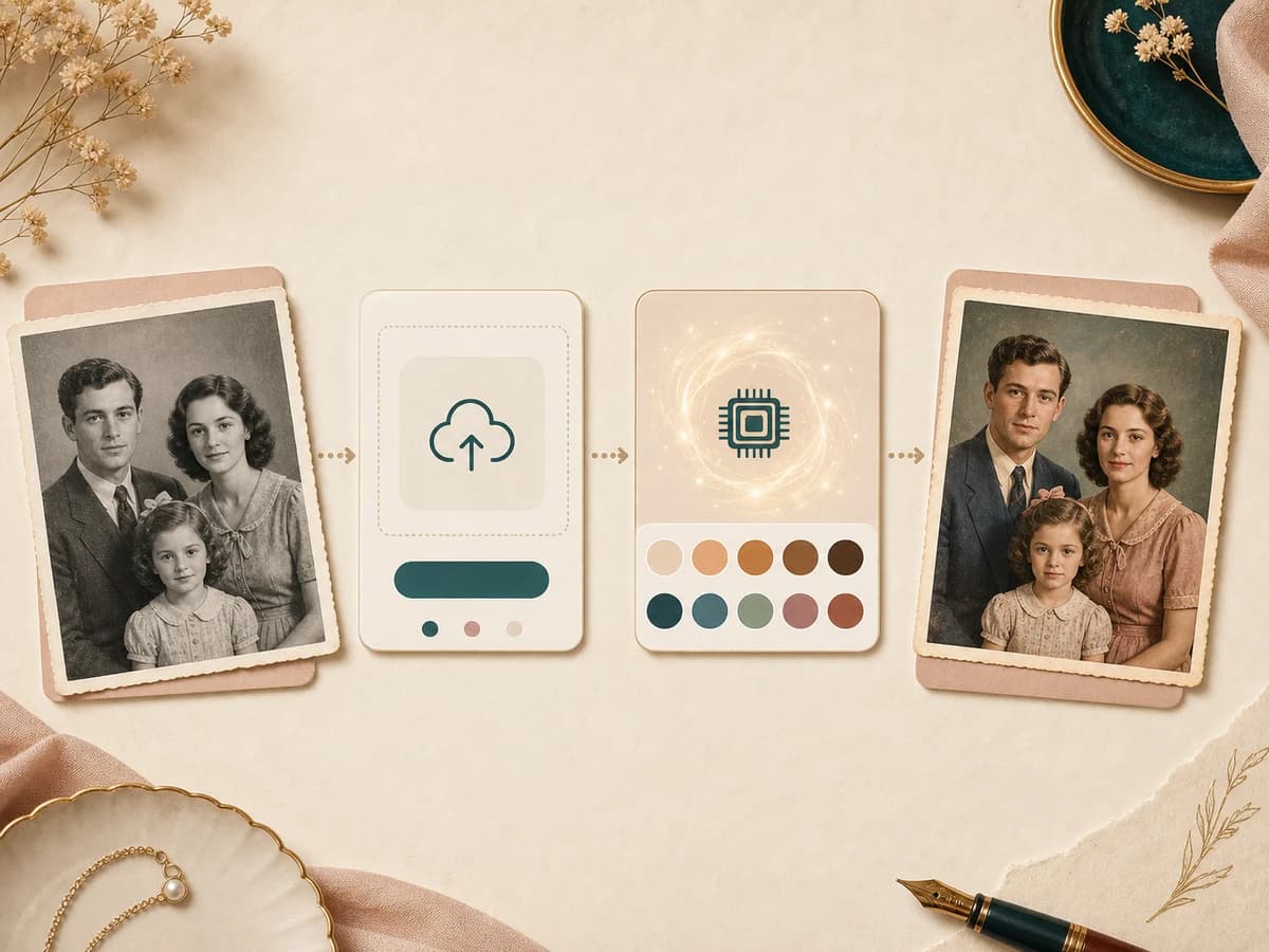Workflow showing a black and white photo upload becoming a naturally colorized family portrait