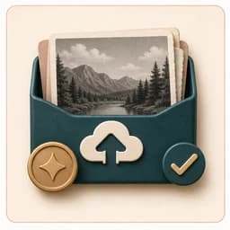 Icon showing an upload tray, credit token, and check mark