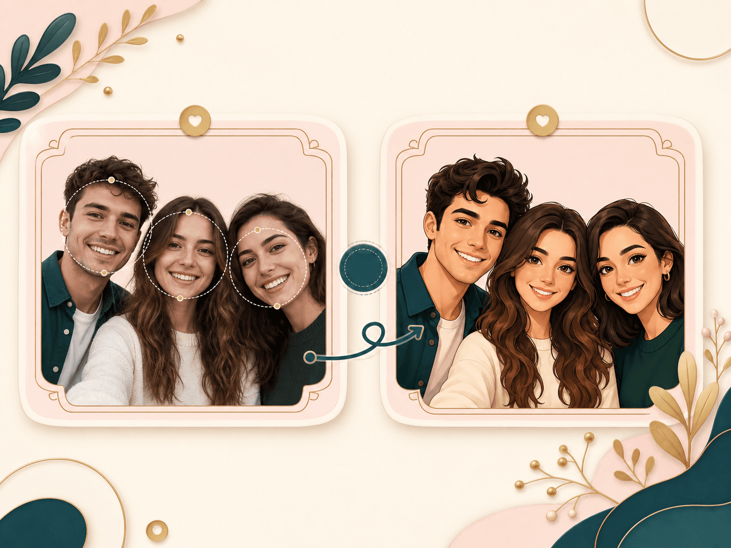 A small group photo changing into a cartoon portrait result