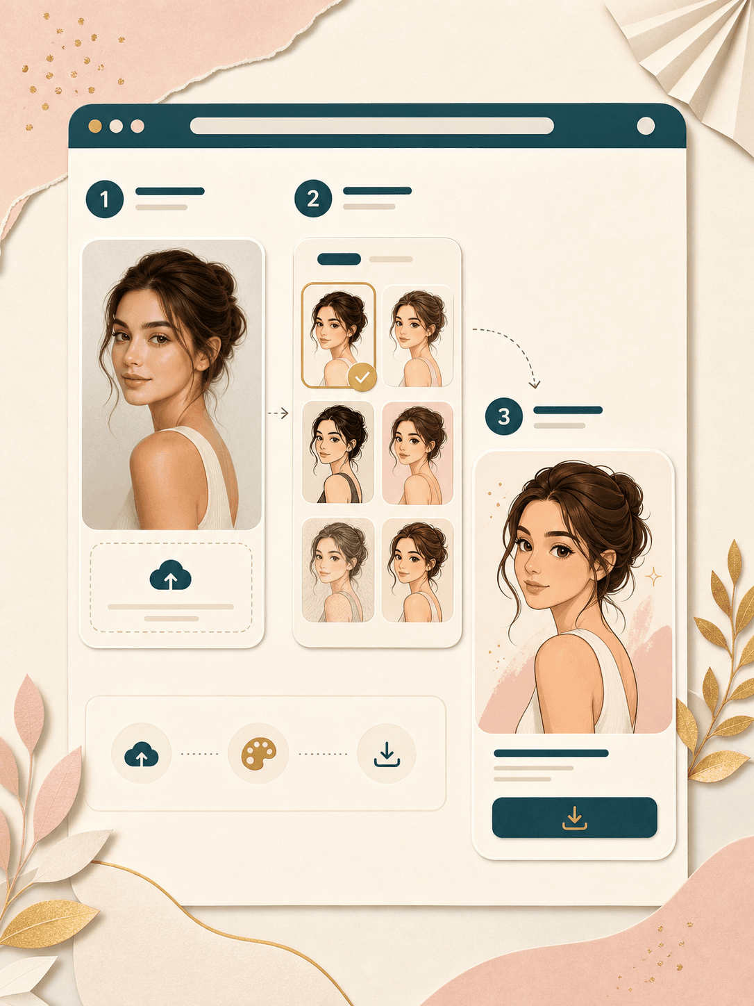 Photo to Cartoon workflow showing upload, style choice, and download