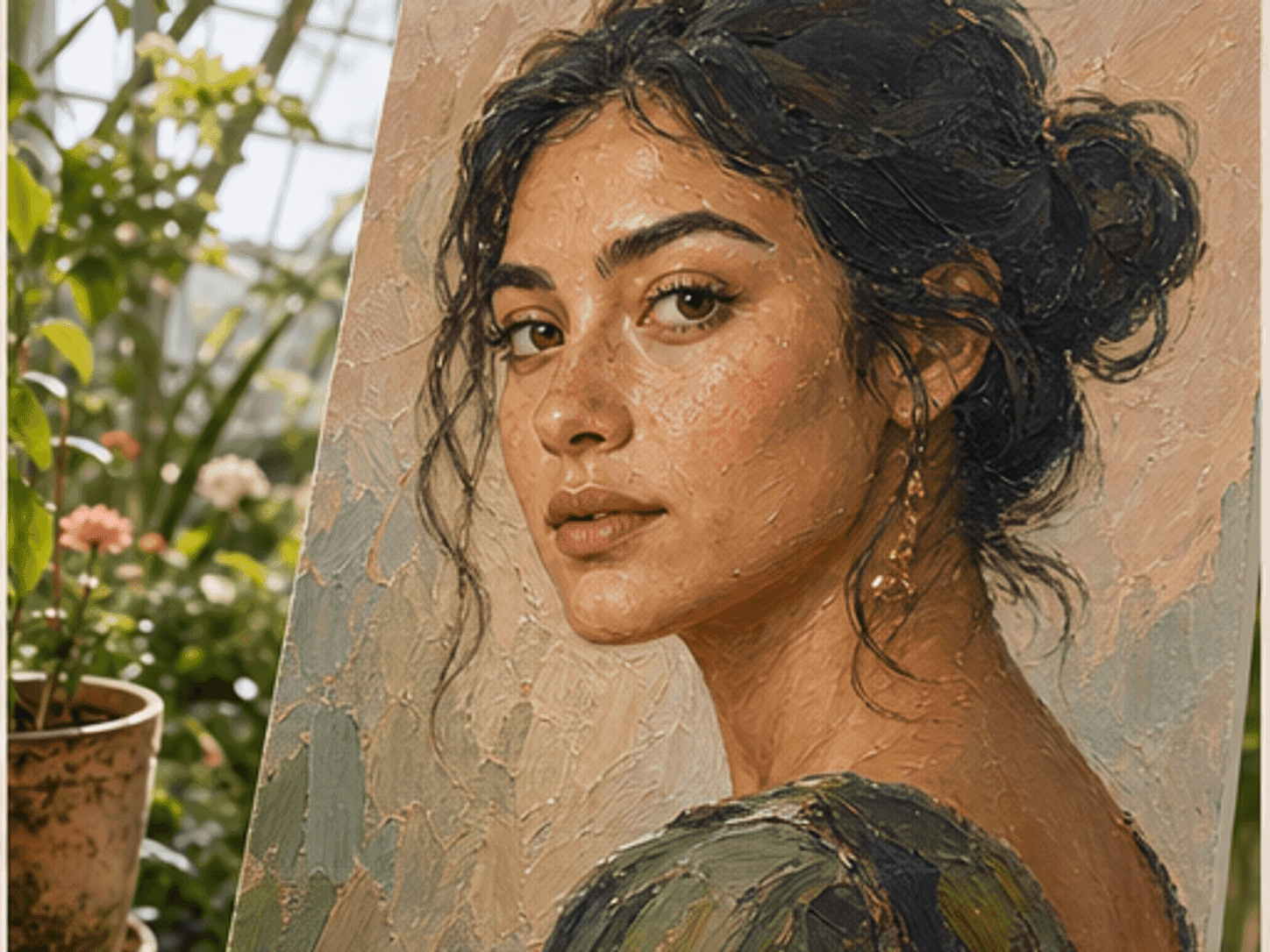 Close view of a portrait painting with visible brush texture and canvas grain