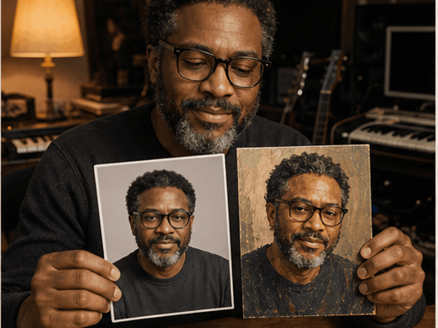 Photo and painting cards showing the same portrait pose and face shape