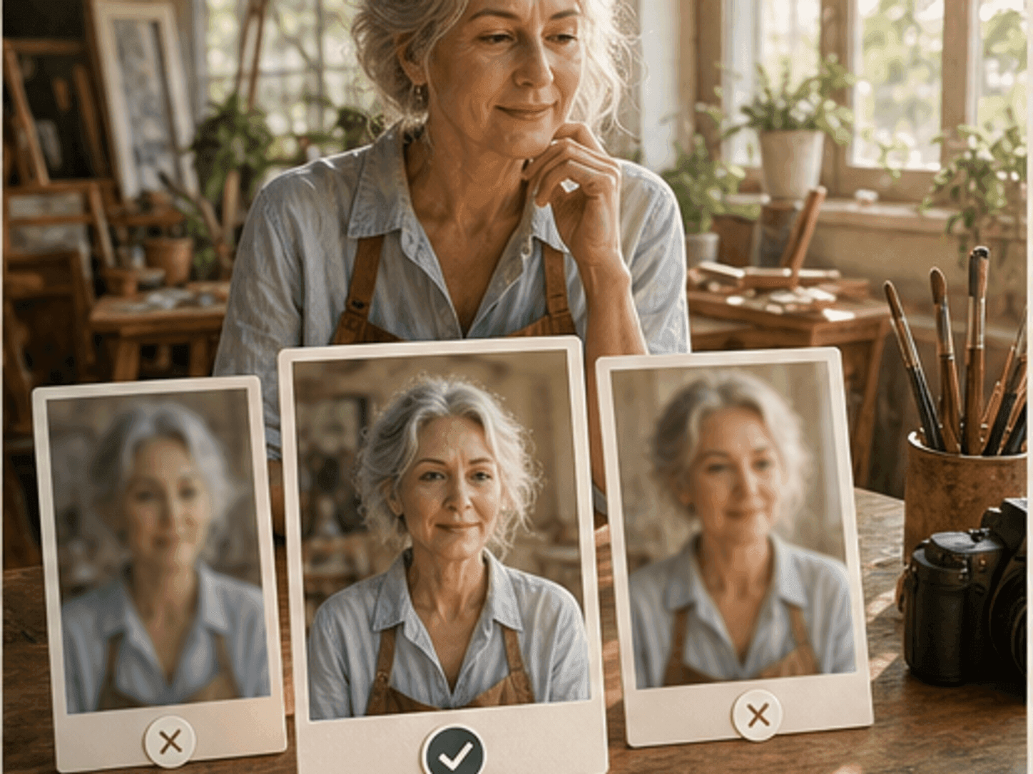 Three portrait cards showing clear and poor upload quality cues