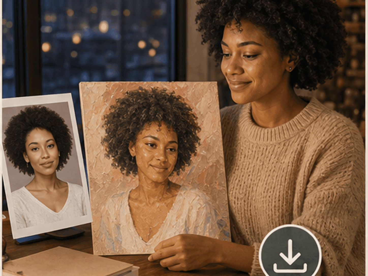 Finished portrait painting preview beside the original photo and a download icon