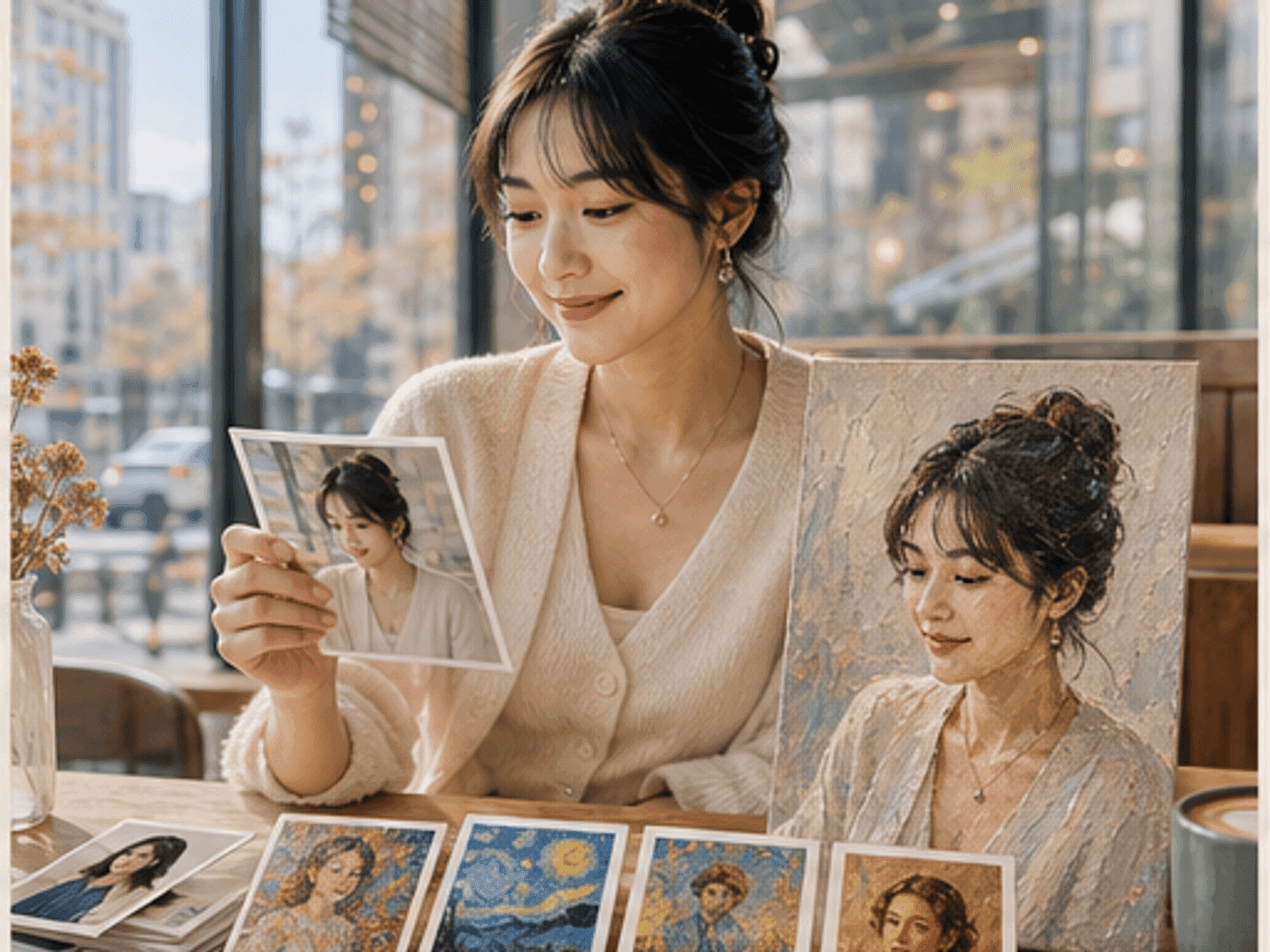 Portrait photo shown with several painting style preset samples