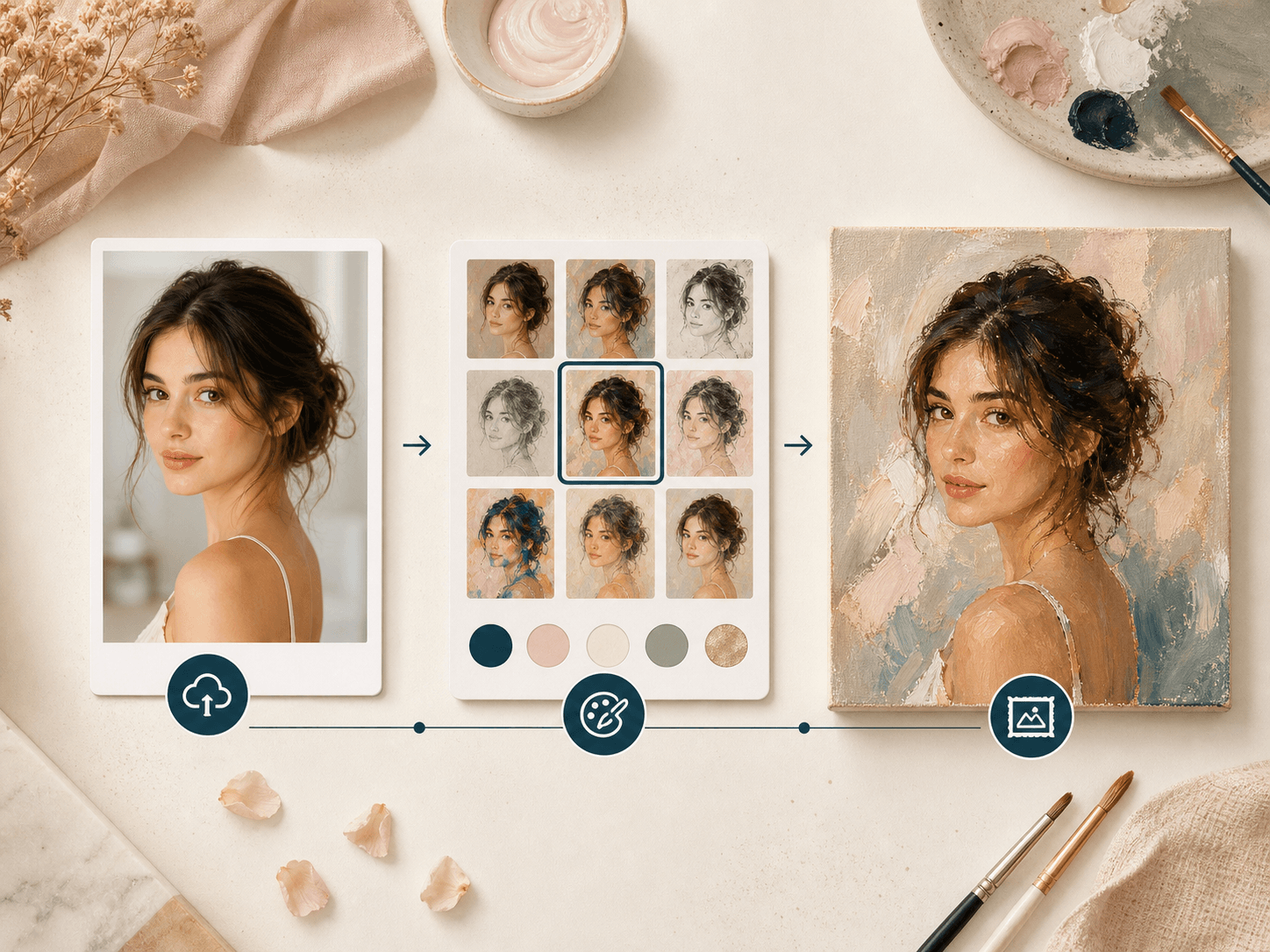 Photo to Painting workflow showing upload, style choice, and finished portrait painting