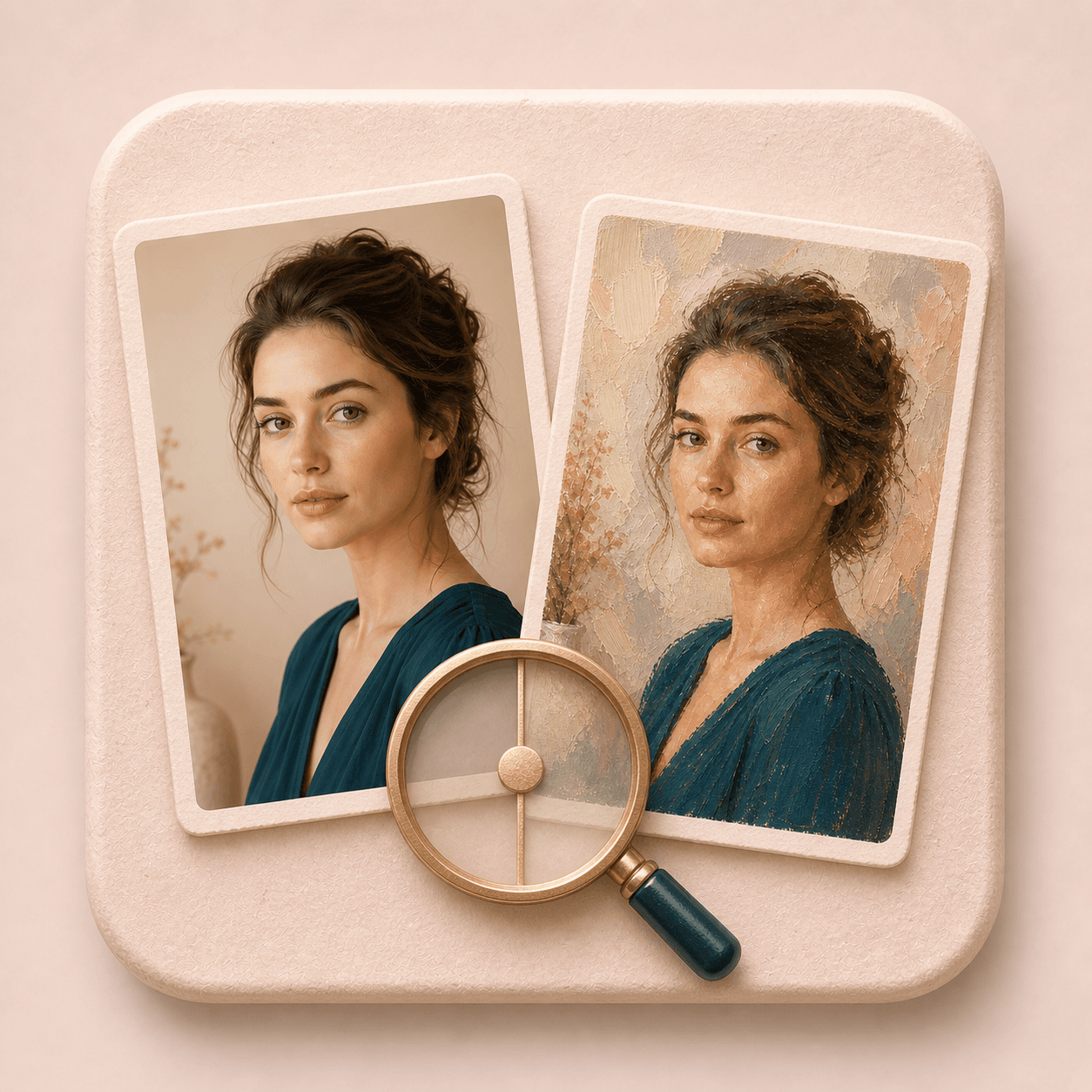 Icon showing overlapping before and after portrait cards for review