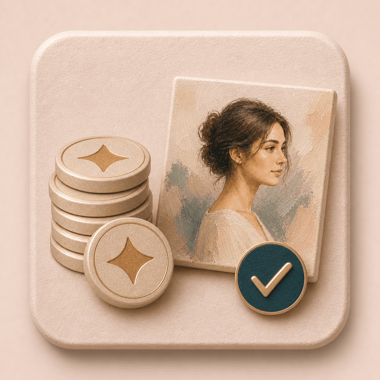 Icon showing credit tokens beside a finished portrait painting canvas