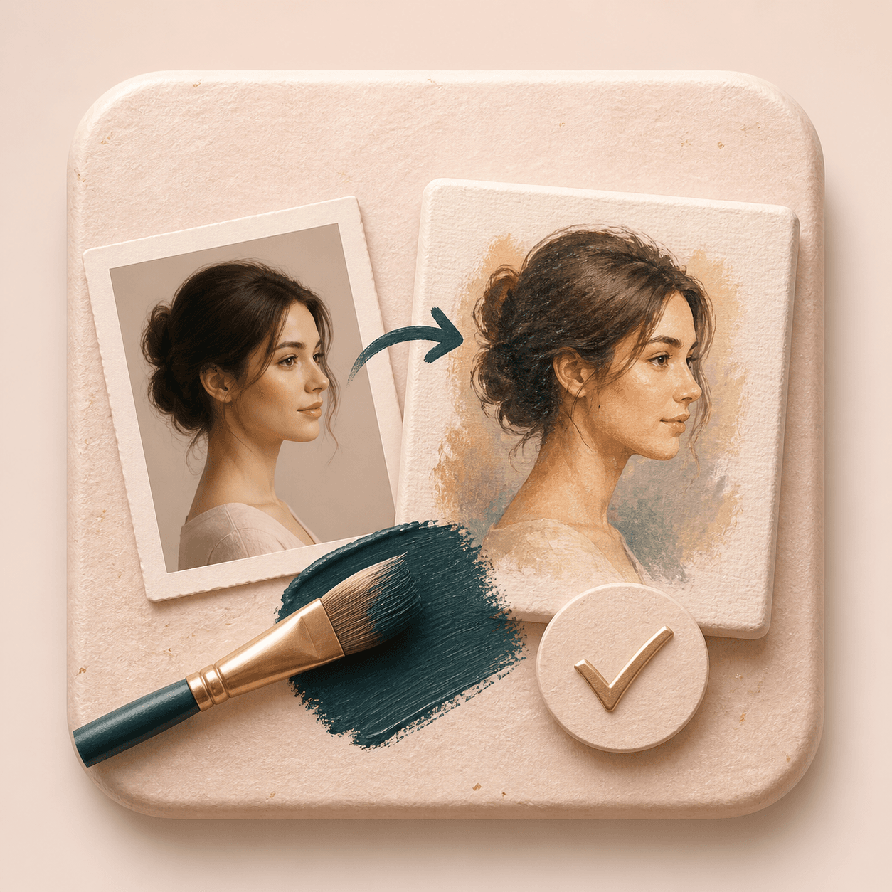 Icon showing a portrait photo converted into a painting while keeping the same face outline